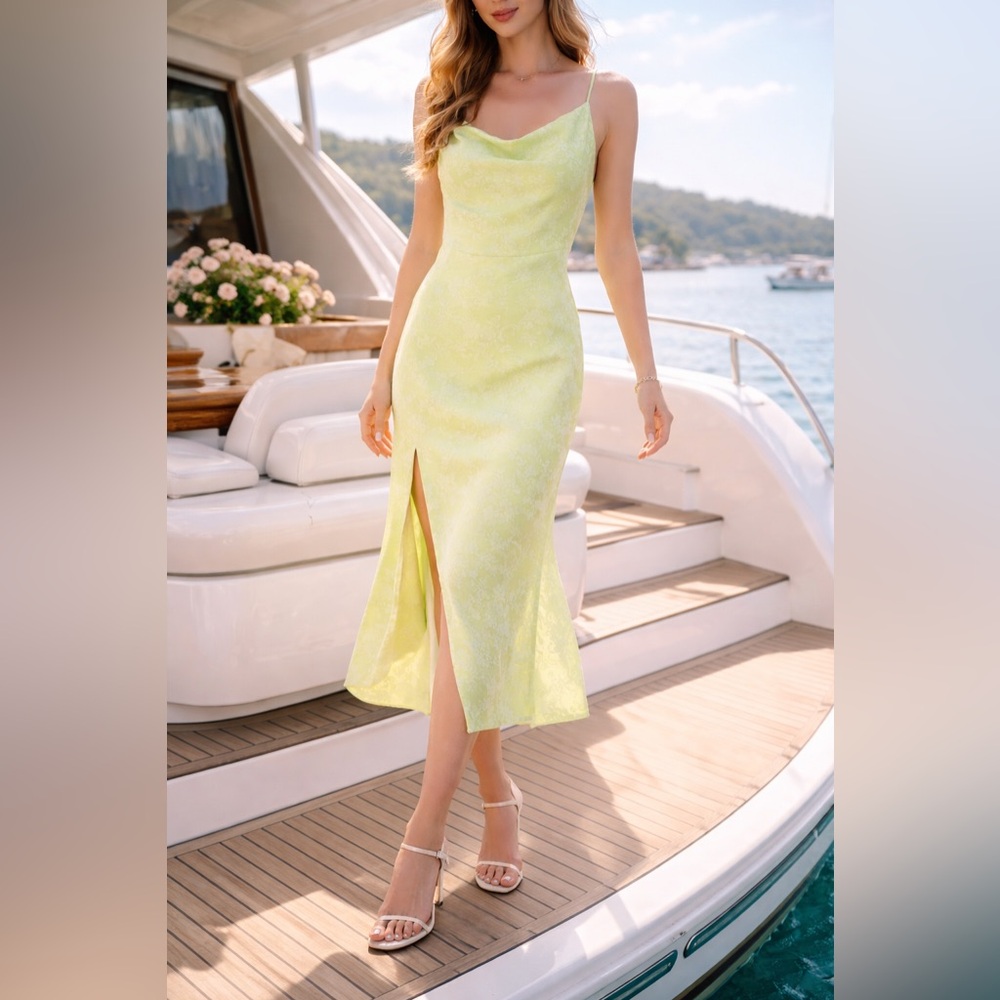NWT For Love & Lemons Cowl Neck Jacquard Midi Dress S Lime Slip Wedding Guest